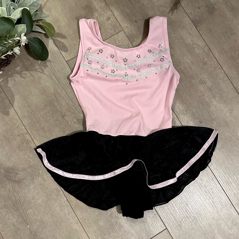 Vintage Girls Dance Skirted Leotard Jacques Moret girls pink black rhinestones